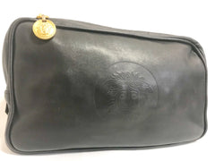 Vintage Gianni Versace black leather purse pouch, case bag with its iconic medusa face and golden logo motif charm. Unisex bag. 061122re1