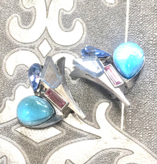 Vintage Christian Lacroix silver and blue earrings. Blue and pink crystal stones. Rare statement jewelry. Great gift. 0506302
