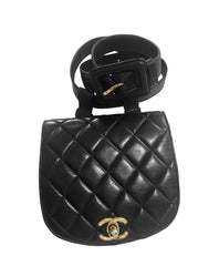 Vintage CHANEL 2.55 black fanny pack, belt bag with round flap and golden CC closure hock. Rare must have piece.