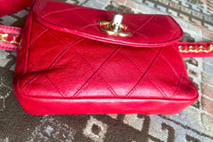 Vintage CHANEL red leather 2.55 waist purse, fanny pack, hip bag with gold CC closure and chain belt. Belt 28”- 33”(71cm~77cm).