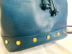 Vintage LANVIN blue grained leather hobo bucket shoulder bag with golden logo motifs. 070502re1
