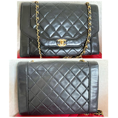 Vintage Chanel black lambskin chain 2.55 shoulder bag with gold chain. Unique hexagon shaped flap. 0407012
