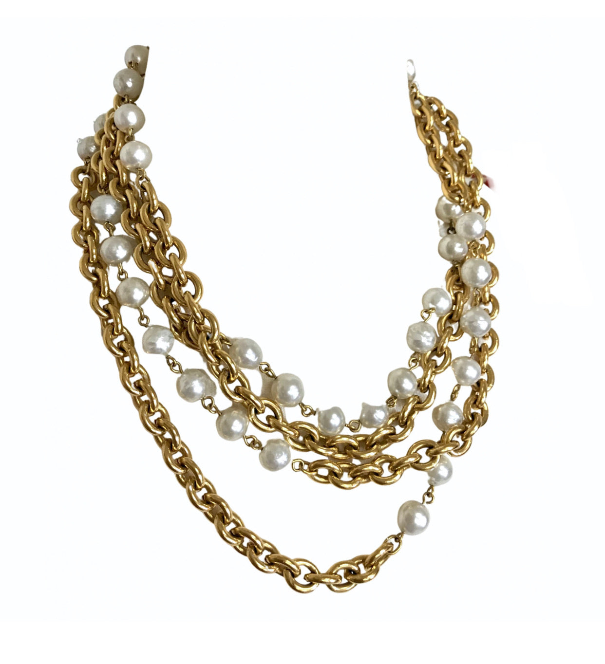 Vintage CHANEL double layer long chain necklace with faux pearls. Classic and Gorgeous masterpiece for the rest of your life.