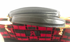 Vintage Roberta di Camerino wine red, grey, and black geometric pattern velvet handbag with golden logo charms. 060905r6