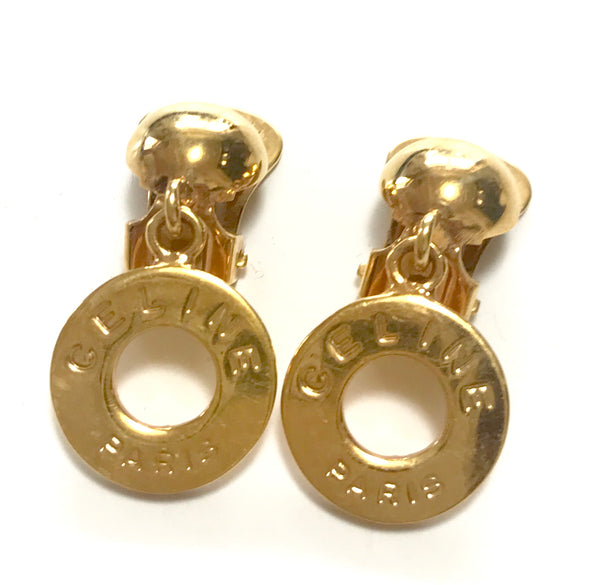 Vintage Celine golden round ball and logo embossed frame earrings