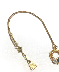 Vintage LANVIN golden skinny chain necklace with golden round pendant top. Clear crystals and green glass stone. Perfect jewelry gift.
