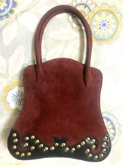 Vintage Christian Lacroix genuine wine brown suede leather sexy feminine shape bag with golden logo motif and studs. Hot purse. 0602062
