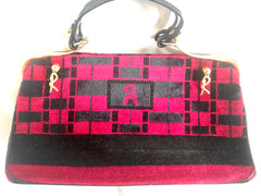Vintage Roberta di Camerino wine red, grey, and black geometric pattern velvet handbag with golden logo charms. 060905r6