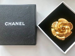 Vintage CHANEL golden camellia/rose flower pin brooch. Good for jacket, hat, scarf etc. Elegant and classic. Best vintage gift.