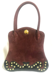 Vintage Christian Lacroix genuine wine brown suede leather sexy feminine shape bag with golden logo motif and studs. Hot purse. 0602062