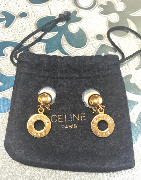 CELINE Earrings AUTH logo Chain Rare Vintage Gold Coin Circle Medal F/S