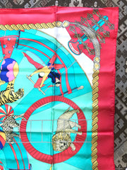 Vintage HERMES Carre large silk scarf with red and blue tone print, Clowns, Leopard, Tiger, Lion and multicolor balls. Best foulard. Circus