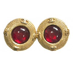 Vintage CHANEL golden frame and red round gripoix glass stone earrings with CC marks. Beautiful jewelry piece.