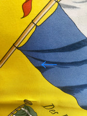 Vintage HERMES Carre large yellow silk scarf with red, blue, and white flag print. Best foulard. PAVOIS.