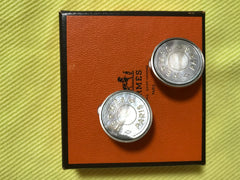 Vintage HERMES silver tone logo embossed genuine shell earrings. Classic jewel piece. Bijouterie Fantaisie