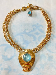 Vintage CHANEL statement necklace with gripoix blue stone and CC mark top. Double chain necklace. 0407282