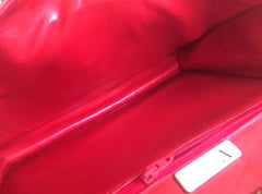 Vintage Valentino Garavani red leather clutch shoulder bag with red flower embroidery deco on the flap and V logo.