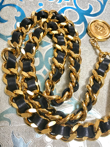 Black Leather & Gold Chain Belt