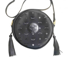 Vintage MCM black monogram round shape Suzy Wong shoulder bag with leather trimmings and fringes. Unisex. West Germany made.