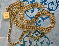 Vintage CHANEL golden double chain belt with logo perfume bottle charm and 3 drop strand design. Rare and Gorgeous belt. Perfect gift.