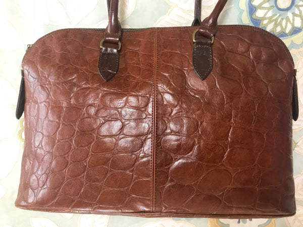 Vintage Mulberry croc embossed brown leather bolide tote bag. By Roger Saul.