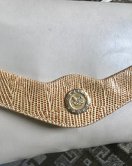 Vintage Celine ivory beige and brown lizard embossed leather combo shoulder bag, clutch purse with golden logo. Celine Sport collection.