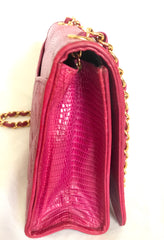 Vintage CHANEL hot pink genuine lizard leather envelop style flap shoulder bag with CC stitch mark and golden chain strap. Rare masterpiece. 050316r2