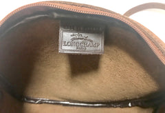 Vintage Longchamp brown suede leather oval round shape shoulder bag with leaf applique motifs. Rare and unique bag back in the okd era.