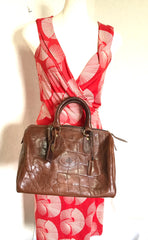 Vintage Mulberry brown croc embossed leather speedy bag style handbag. Classic unisex purse by Roger Saul. Must have bag.
