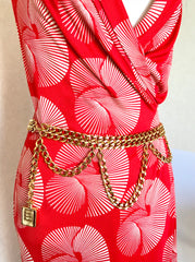 Vintage CHANEL golden double chain belt with logo perfume bottle charm and 3 drop strand design. Rare and Gorgeous belt. Perfect gift.