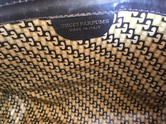 80's Vintage Gucci brown suede leather classic makeup, cosmetic, toiletry pouch, clutch purse with green and red webbing. Gucci Parfums.