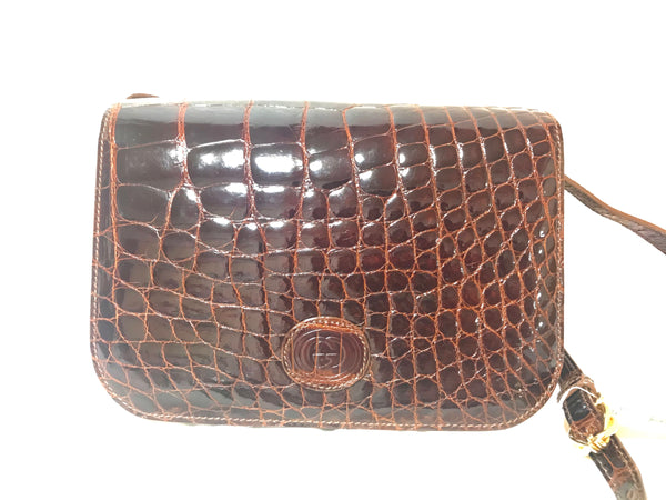 Gucci Brown Lambskin Leather/Crocodile Trim Soft Shoulder Style Vintage  Handbag