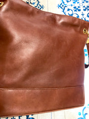1990s. Vintage Bottega Veneta brown leather shoulder tote bag with logo embroidery. Claissic daily use bag.