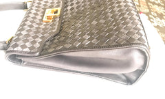 Vintage Bally taupe gray intrecciato leather handbag with gold tone closure in classic kelly style. Golden B logo. Masterpiece