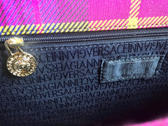 MINT. Vintage Gianni Versace pink tartan check and arabesque design shoulder bag, Kelly bag with golden sunburst motifs.