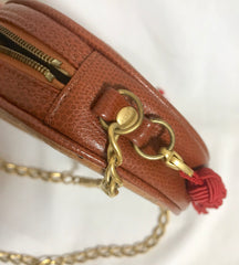 Vintage MCM brown monogram mini Suzy Wong chain shoulder purse with red fringes. Designed by Michael Cromer. Rare purse.
