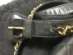 Vintage CHANEL black leather waist purse, fanny pack, hip bag with gold CC closure and chain belt. Belt 30”-31.9”(76cm~80cm).