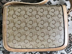 Vintage Celine beige macadam and blason pattern classic shoulder bag with golden logo motifs. Diffusion line. 050316r3