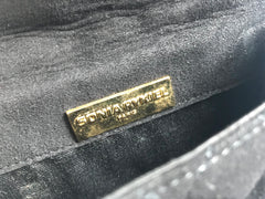 Vintage Sonia Rykiel black suede leather purse with golden logo brass. Quilted suede bag. 0404254