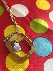 Vintage LANVIN golden skinny chain necklace with square and silver logo charm pendant top. Must have classic vintage jewelry piece. 050407r1