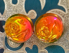 Vintage CHANEL pink and orange aurora earrings with Chanel iconic charms. Golden shoe, camellia, and CC mark in it. Perfect jewelry gift.