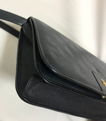 MINT. Vintage Christian Dior navy leather clutch purse, shoulder bag with golden Dior logo motif.