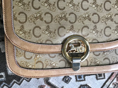 Vintage Celine beige macadam and blason pattern classic shoulder bag with golden logo motifs. Diffusion line. 050316r3