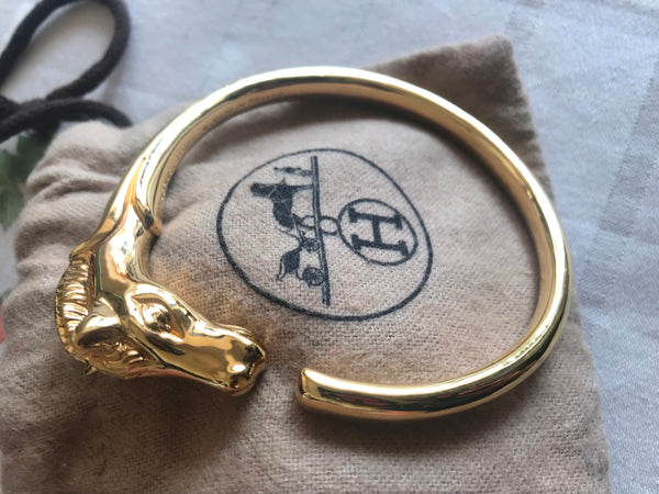 Authentic Hermes Gold GP Slip On Bracelet Horse Heads Bangle