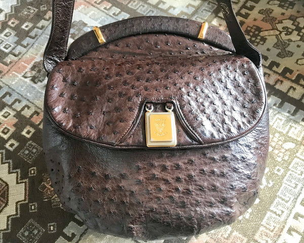 Gucci Vintage Circa 60's Brown Ostrich leather & Braided Gold Hardware