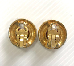 Vintage CHANEL golden frame and red round gripoix glass stone earrings with CC marks. Beautiful jewelry piece.