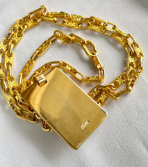 Vintage Celine golden long necklace with blaison macadam charms and square plate with embossed logo and carriage. 041032