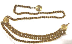Vintage CHANEL triple layer golden chain and brown leather belt with CC and lion charms. Beautiful classic belt back in old era. R0410119