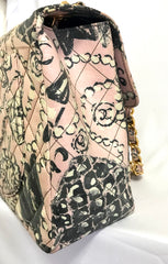 Vintage CHANEL pink coated canvas 2.55 jumbo chain shoulder bag with hat, pearl, bow, camellia, and jewelry illustration print. Rare masterpiece. VES 20190312