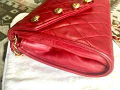 Vintage CHANEL red lamb leather shoulder bag with golden CC button motifs at flap. Rare purse. 070610re1